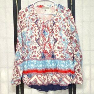 Daniel Rainn Sheer Paisley Babydoll Top M Long Sleeve Pleated Lined Half Button